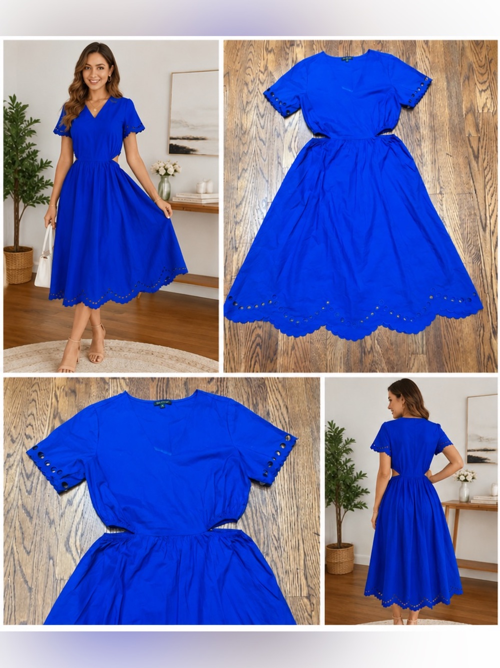 For Cynthia Royal Blue Eyelet Cutout Fit & Flare Dress  Size Small Wedding Guest